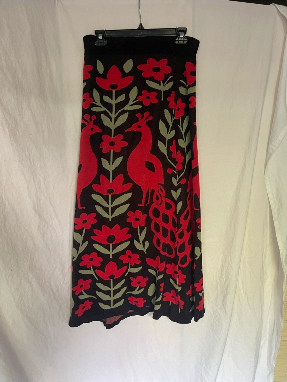 Maxi Skirt with Red Floral & Peacock Motif. Size L. Waist 31” Length 42” - Picture 3 of 13